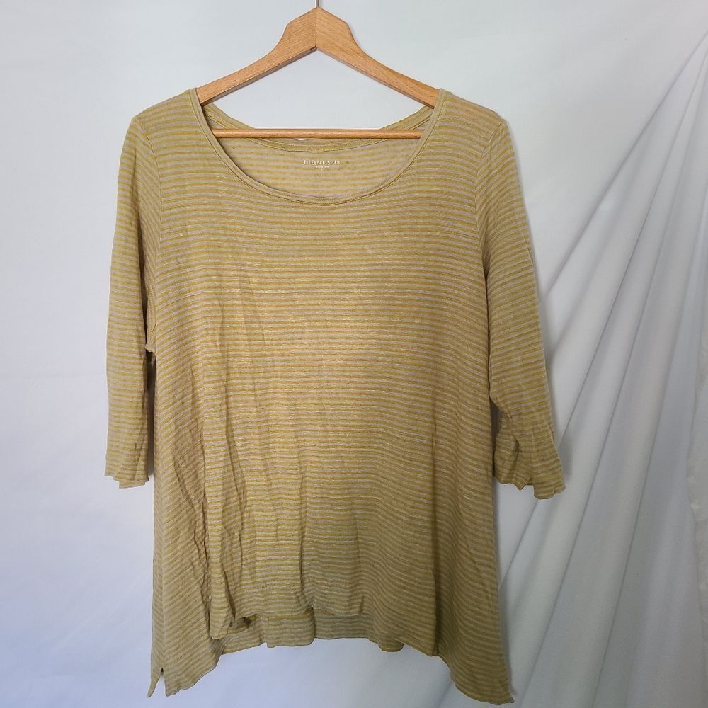 Eileen Fisher Mustard Yellow Striped 100% Organic Linen 3/4 Sleeve Pullover